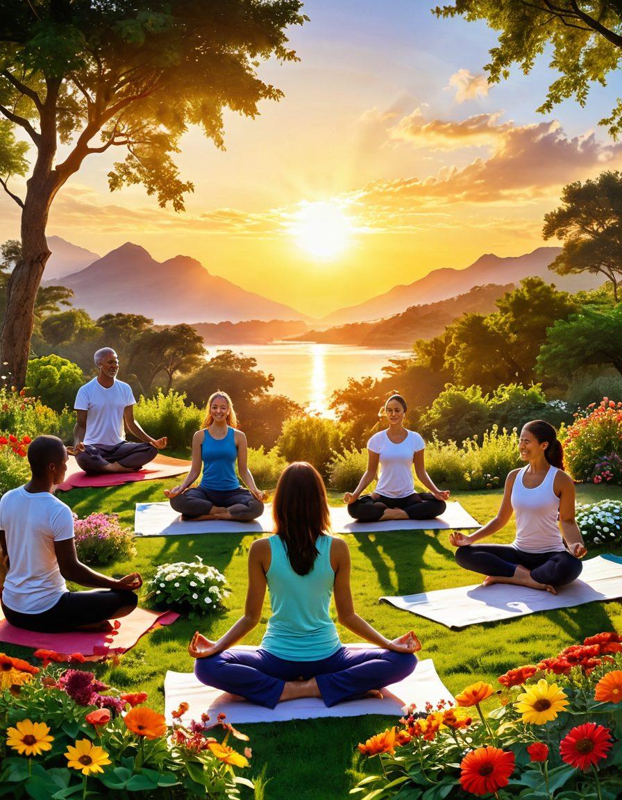A radiant sun rising over a serene landscape, symbolizing happiness and well-being, with diverse people engaging in joyful activities such as yoga, gardening, and laughing together, surrounded by vibrant flowers and greenery. Include elements of community support, like groups sharing ideas and helping each other. Soft, warm colors to evoke a sense of elation. super-realistic. vibrant colors.