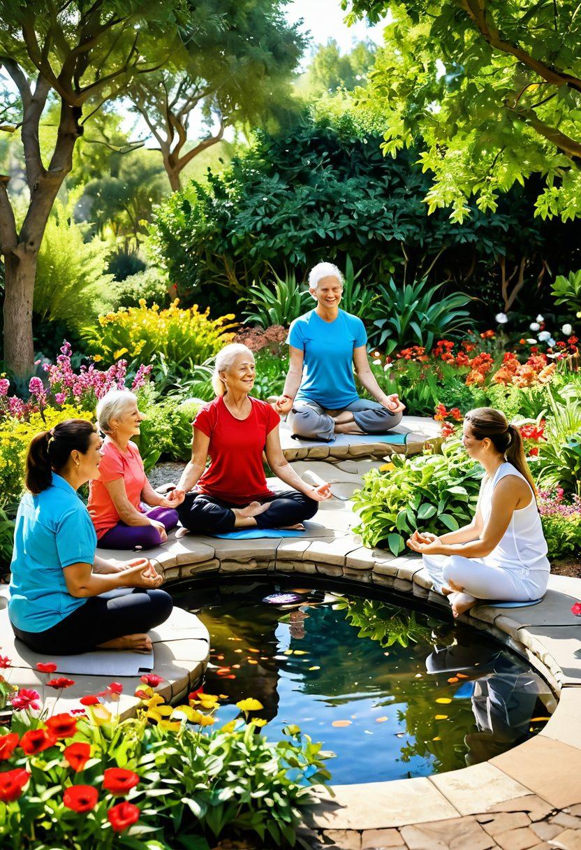 A serene garden filled with diverse individuals engaging in joyful activities, showcasing community bonding, laughter, and support. Soft sunlight filters through lush greenery, illuminating smiling faces and a colorful array of flowers. A central water feature reflects the happiness around, symbolizing tranquility. People of different ages and cultures participating in wellness activities like yoga and group discussions. vibrant colors. impressionistic painting.
